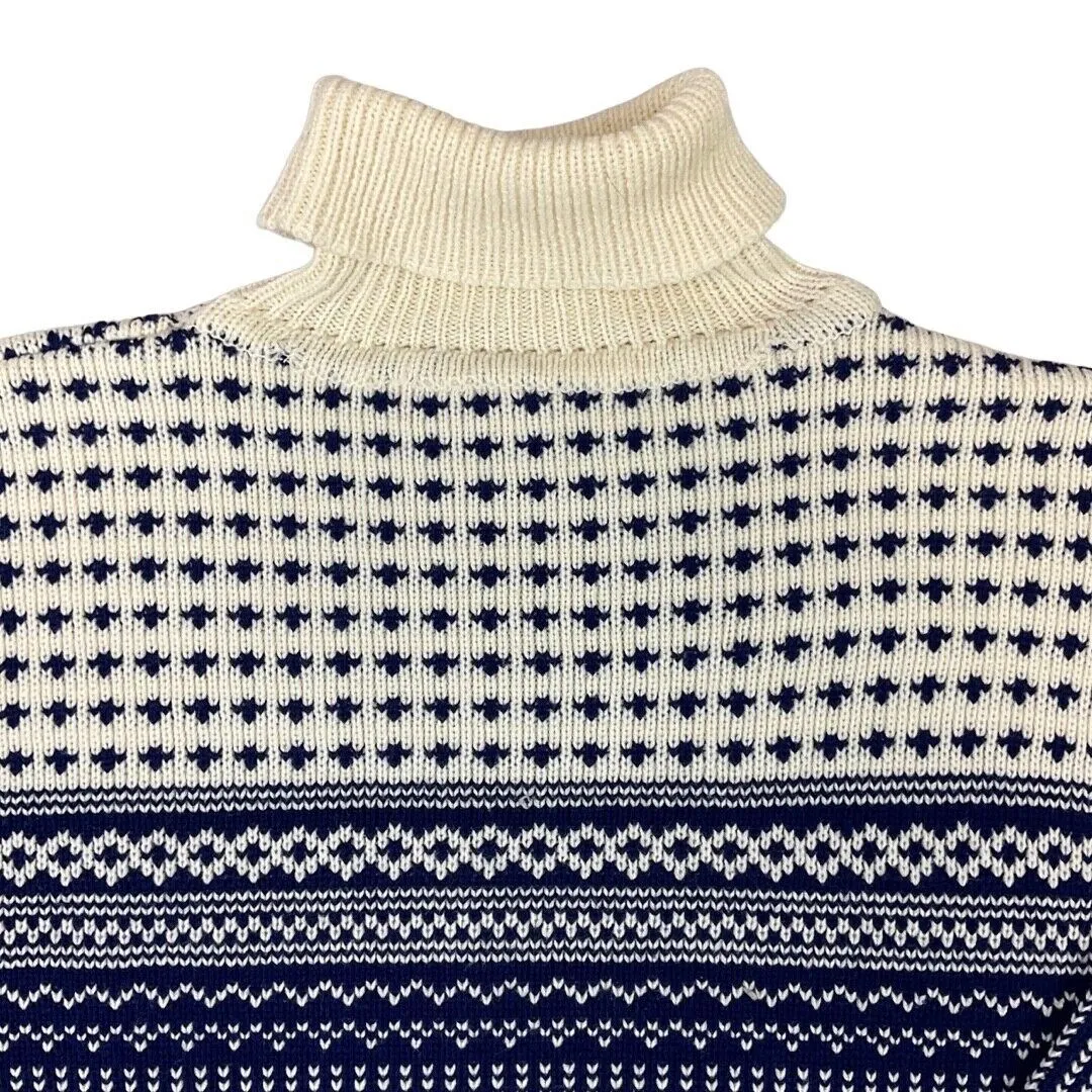 Vintage 80s 90s Cream Blue Scandinavian Turtle Neck Pattern Knitted Jumper 12 14