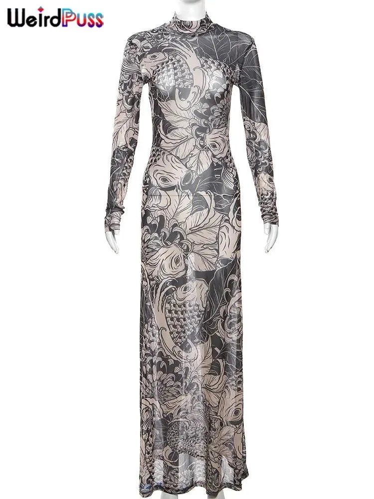 Weird Puss Mesh Maxi Dress: Autumn Y2K Fashion Statement