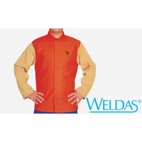 Weldas 33-6744XL COOL Orange FR Welding Jacket w Tan Leather Sleeves Size XL