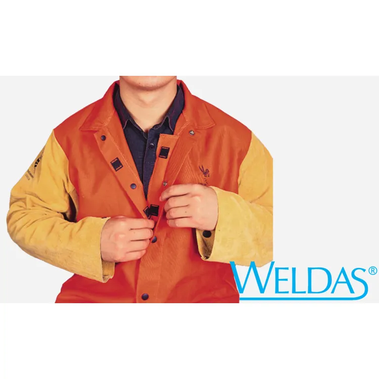 Weldas 33-6744XL COOL Orange FR Welding Jacket w Tan Leather Sleeves Size XL