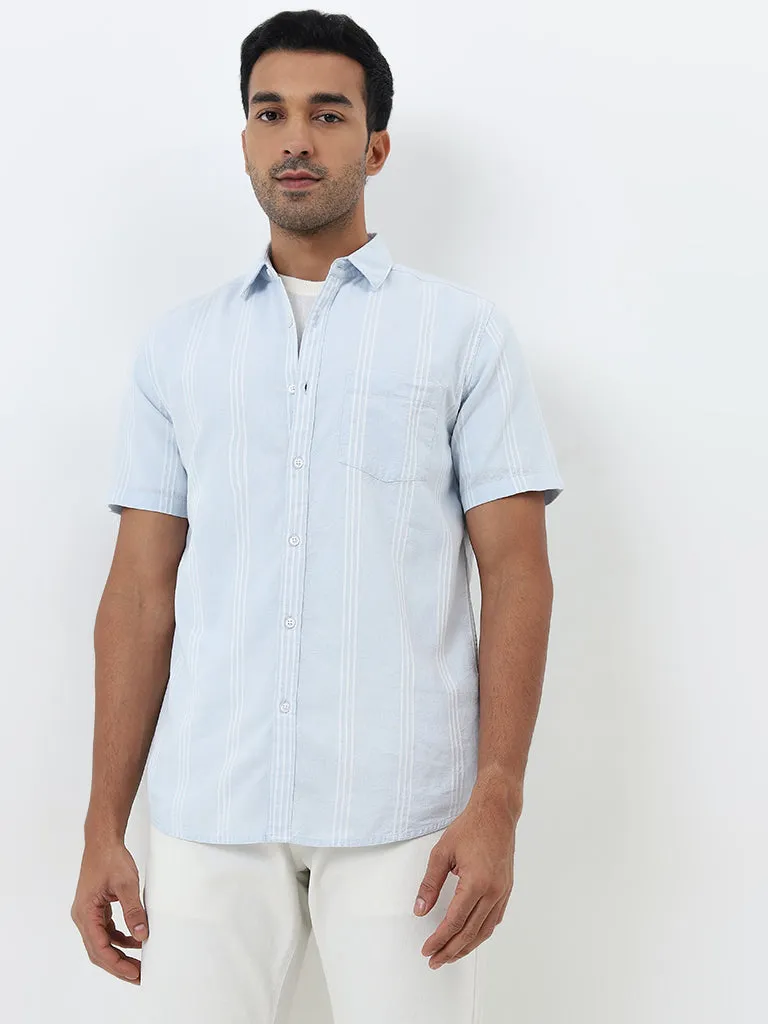 WES Casuals Light Blue Striped Slim-Fit Blended Linen Shirt