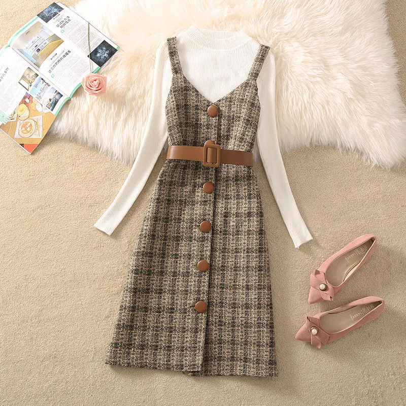 Wjczt fall trends 2024 outfits Sweater Dress Suit Women's 2024 Autumn and Winter New Retro Woolen Plaid Strap Dress Two-Piece Suit Fashion Women