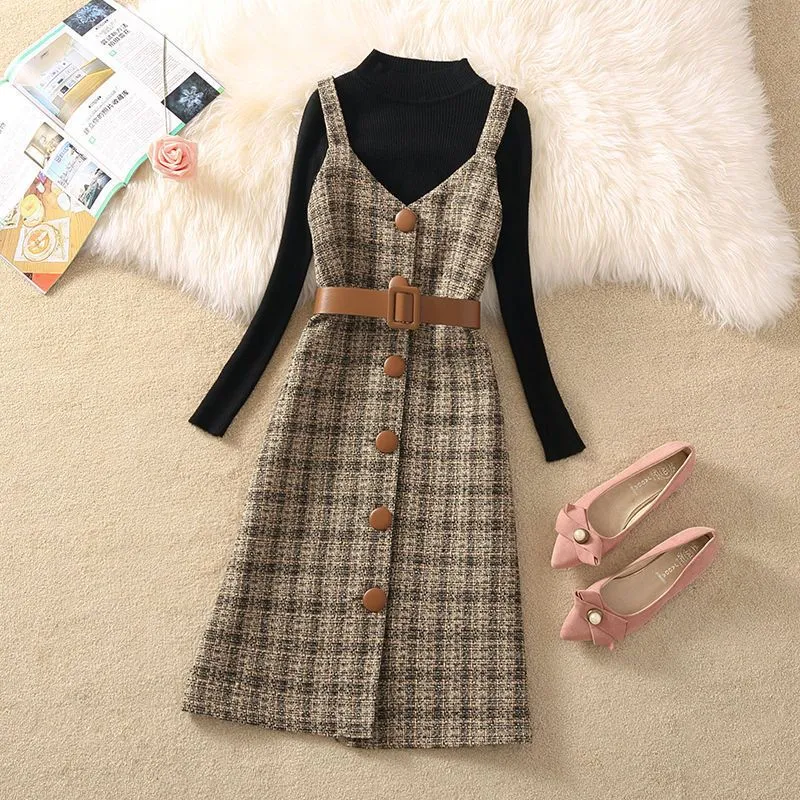 Wjczt fall trends 2024 outfits Sweater Dress Suit Women's 2024 Autumn and Winter New Retro Woolen Plaid Strap Dress Two-Piece Suit Fashion Women