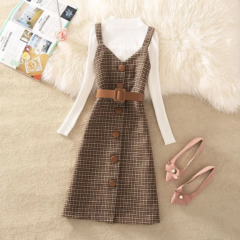 Wjczt fall trends 2024 outfits Sweater Dress Suit Women's 2024 Autumn and Winter New Retro Woolen Plaid Strap Dress Two-Piece Suit Fashion Women