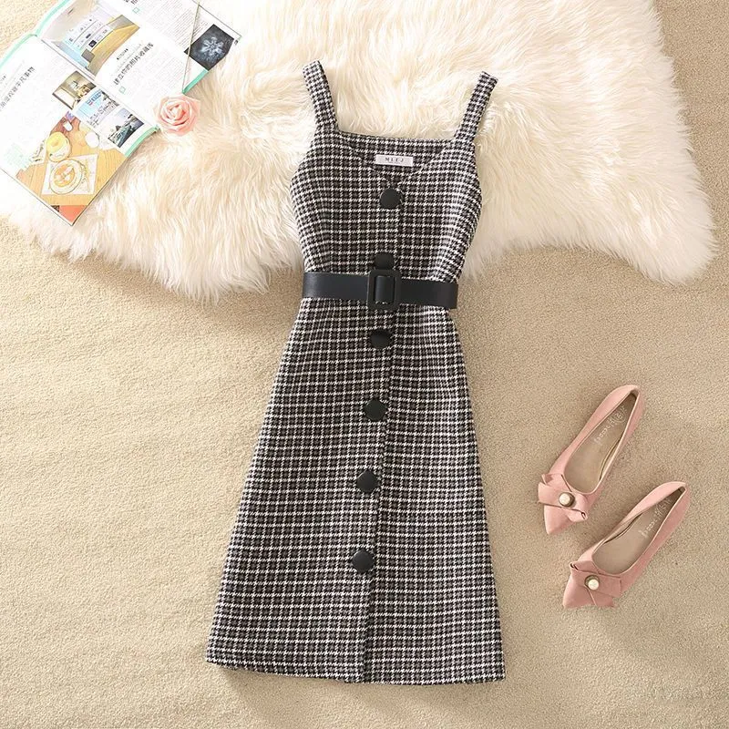 Wjczt fall trends 2024 outfits Sweater Dress Suit Women's 2024 Autumn and Winter New Retro Woolen Plaid Strap Dress Two-Piece Suit Fashion Women