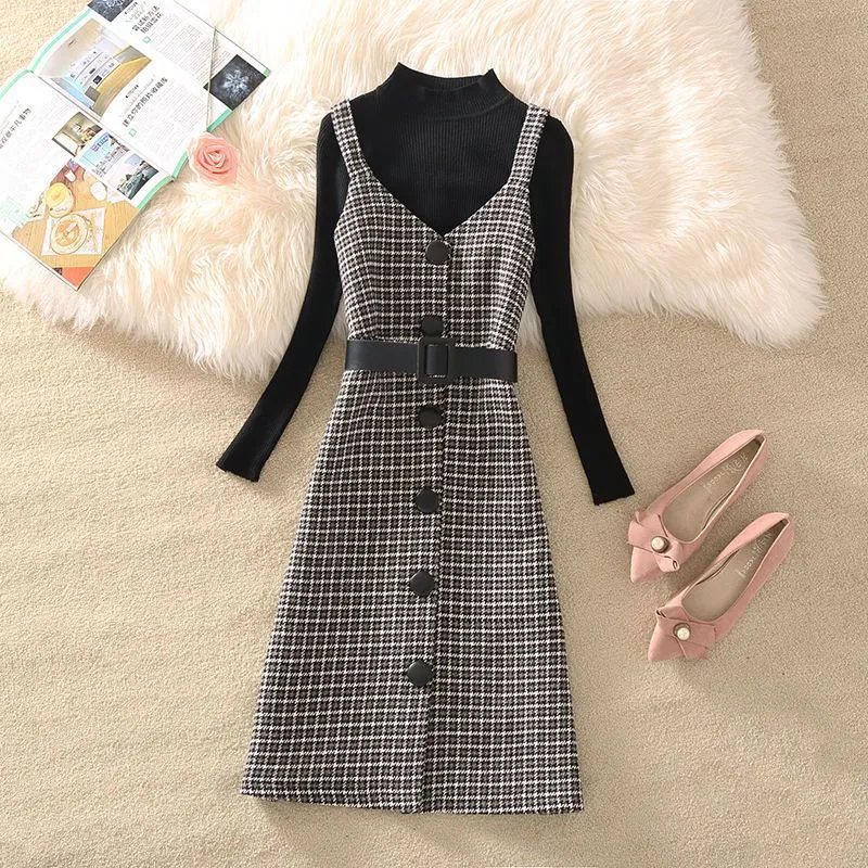 Wjczt fall trends 2024 outfits Sweater Dress Suit Women's 2024 Autumn and Winter New Retro Woolen Plaid Strap Dress Two-Piece Suit Fashion Women