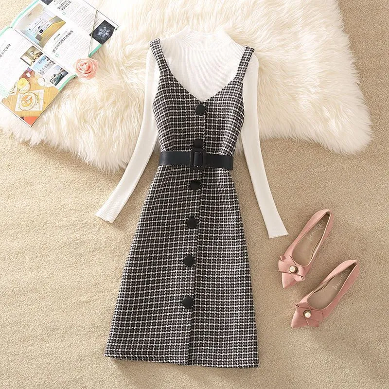 Wjczt fall trends 2024 outfits Sweater Dress Suit Women's 2024 Autumn and Winter New Retro Woolen Plaid Strap Dress Two-Piece Suit Fashion Women