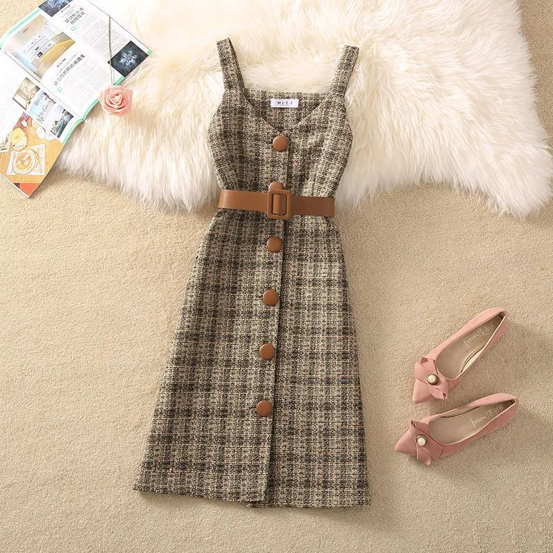 Wjczt fall trends 2024 outfits Sweater Dress Suit Women's 2024 Autumn and Winter New Retro Woolen Plaid Strap Dress Two-Piece Suit Fashion Women