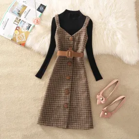 Wjczt fall trends 2024 outfits Sweater Dress Suit Women's 2024 Autumn and Winter New Retro Woolen Plaid Strap Dress Two-Piece Suit Fashion Women