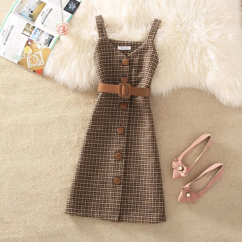 Wjczt fall trends 2024 outfits Sweater Dress Suit Women's 2024 Autumn and Winter New Retro Woolen Plaid Strap Dress Two-Piece Suit Fashion Women