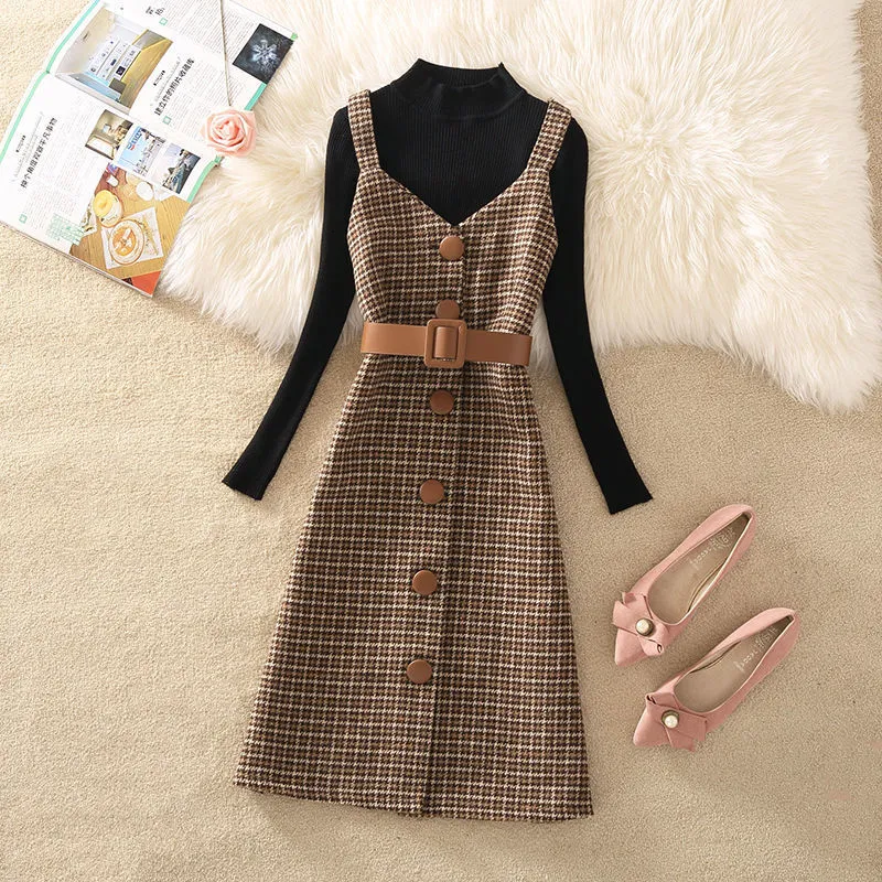 Wjczt fall trends 2024 outfits Sweater Dress Suit Women's 2024 Autumn and Winter New Retro Woolen Plaid Strap Dress Two-Piece Suit Fashion Women