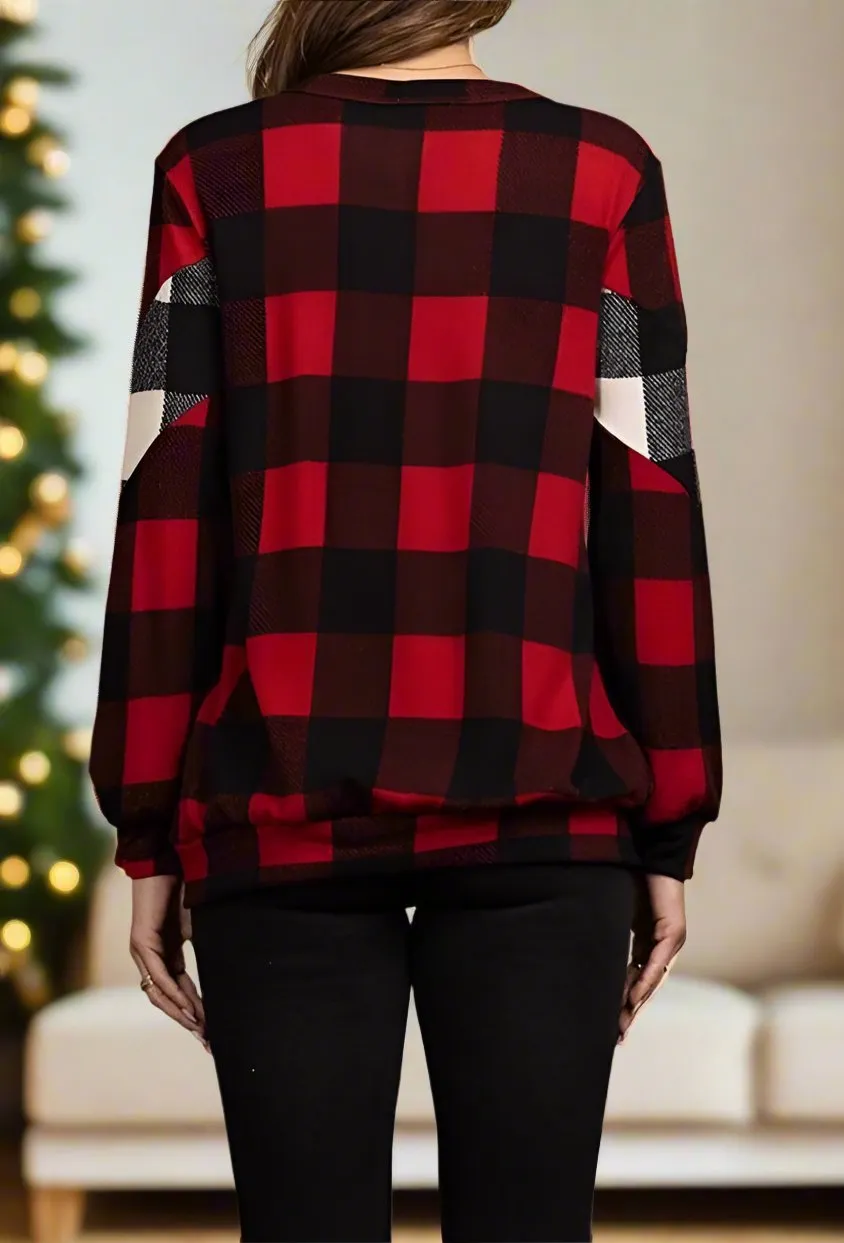 Womens Christmas Red Plaid Top, Holiday Sweater, Long Sleeve Shirt, Sizes S/M/L, Black/Red/White