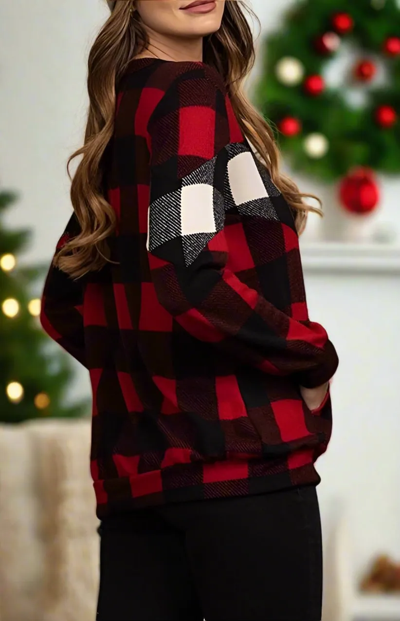 Womens Christmas Red Plaid Top, Holiday Sweater, Long Sleeve Shirt, Sizes S/M/L, Black/Red/White