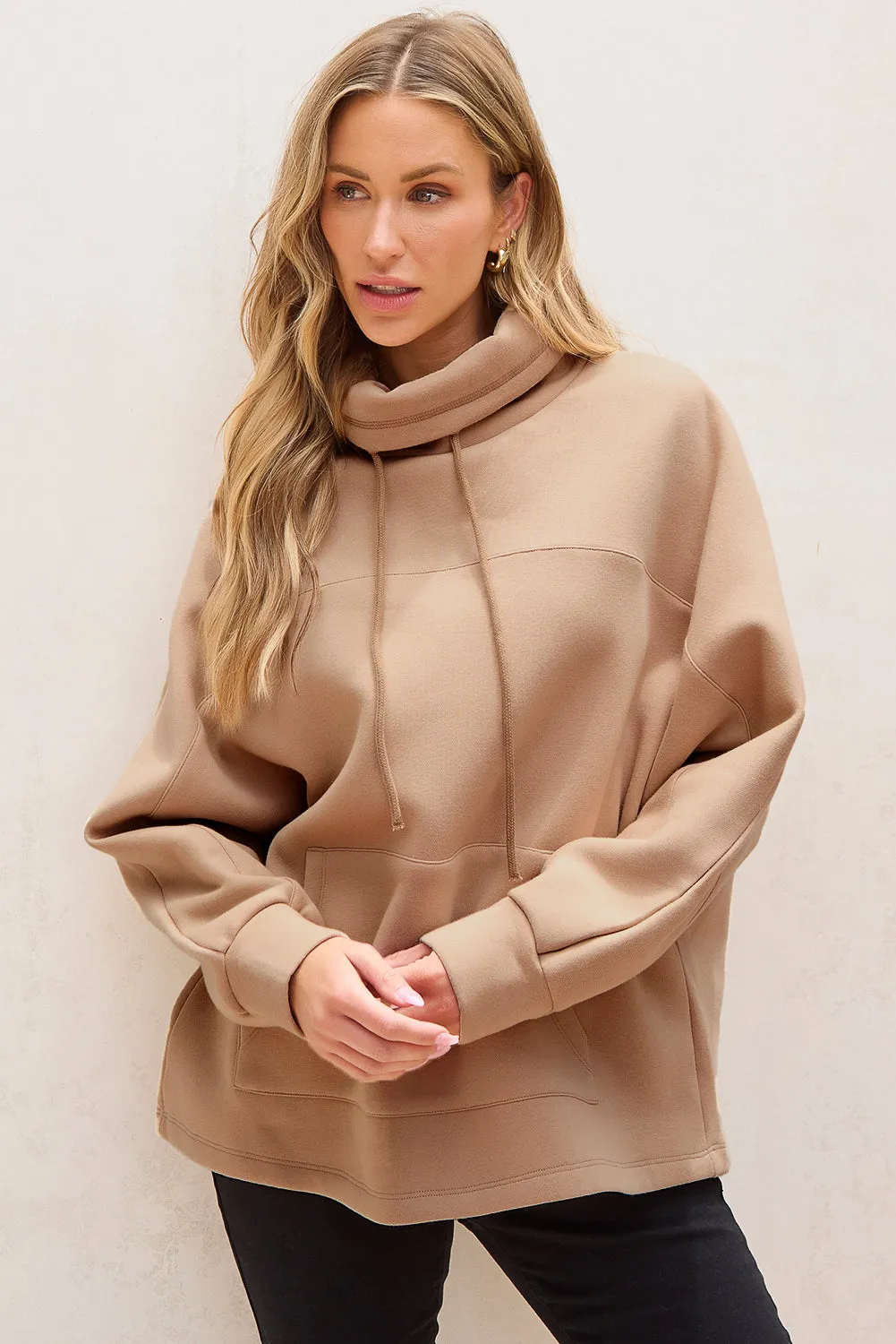 Womens Light French Beige Drawstring Turtleneck Dolman Sleeve Sweatshirt