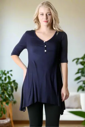 Womens Long Blue Tunic Top, 3/4 Sleeve Shirt, Sizes S/M/L, Solid Navy Blue