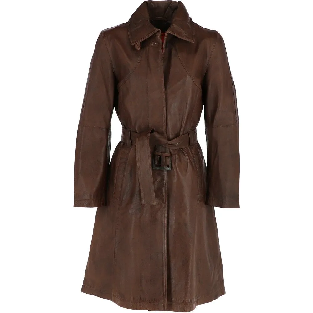 Women's Vintage Brown Single Breasted Leather Trench Long Overcoat