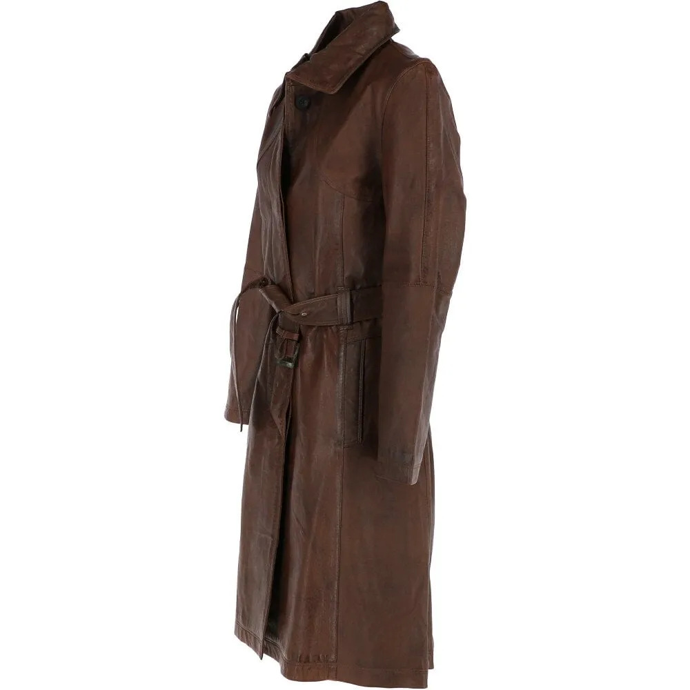 Women's Vintage Brown Single Breasted Leather Trench Long Overcoat